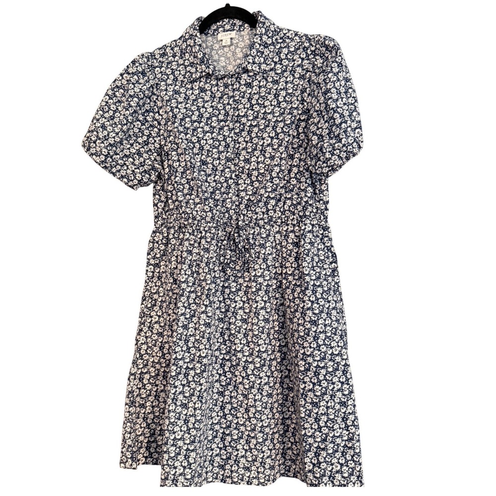 J.Crew Shirt Dress Womens M Blue Excellent Floral Button Mini Drawstring